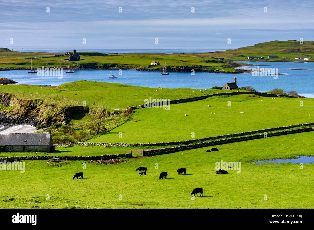 L'isola di Sanday sul Porto di canna dalle pendici di Compass Hill, Isola di canna, Scozia, Regno Unito Foto Stock