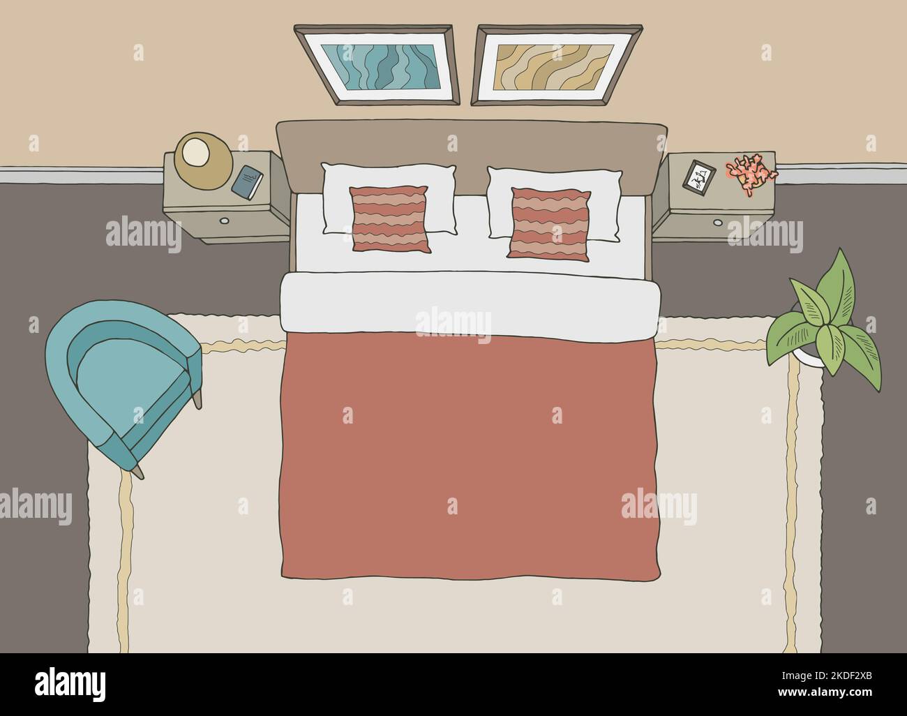 Camera da letto vista dall'alto grafico colore interno casa disegno vettore di illustrazione Illustrazione Vettoriale