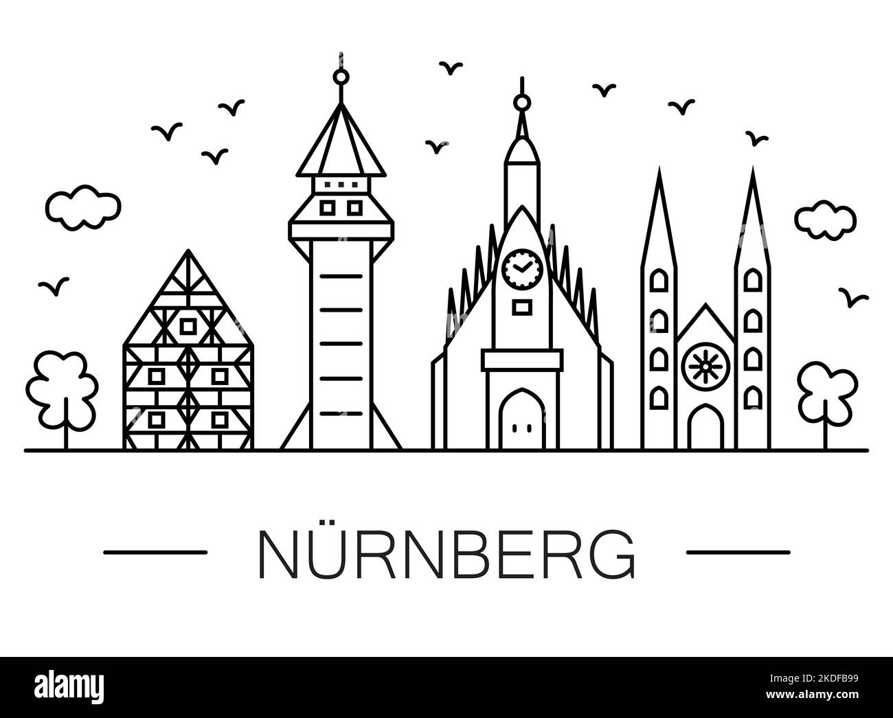 Nuremberg City-scape Line Art: Famose bildings - simboli della città. Disegno in bianco e nero con linee rette. Illustrazione Vettoriale