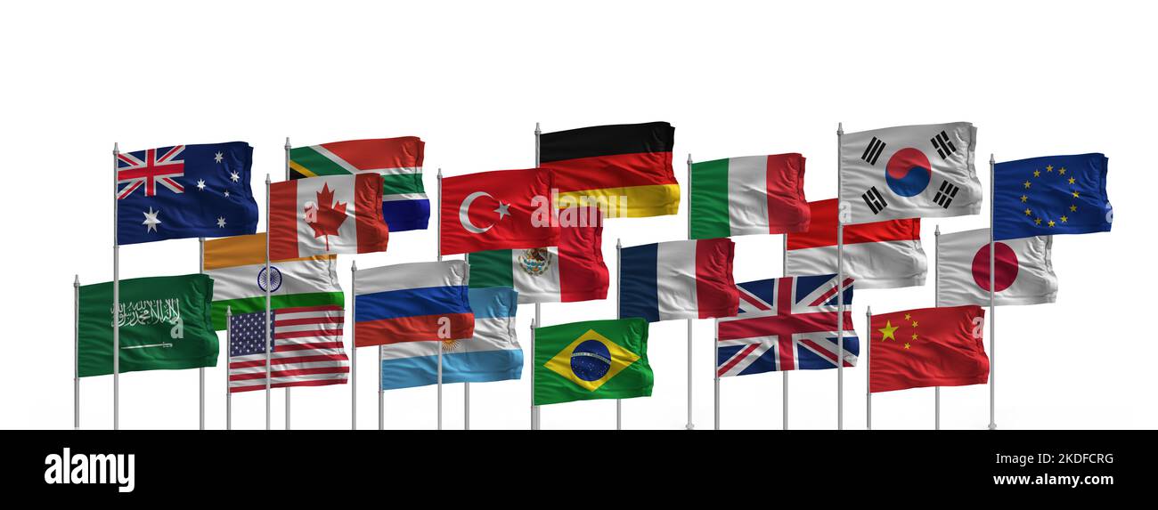 G20 concetto di vertice o riunione. Una serie di G20 bandiere e un elenco di paesi G20 Presidenza dell'Indonesia Foto Stock