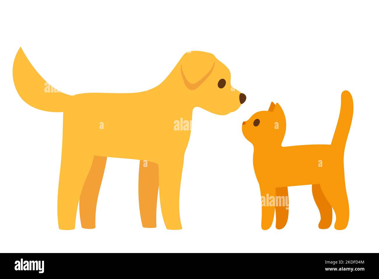 Cartone animato gatto e cane di fronte l'altro, semplice icona cartone animato piatto. labrador dorato e ginger kitty. Carino vettore clip art illustrazione. Illustrazione Vettoriale