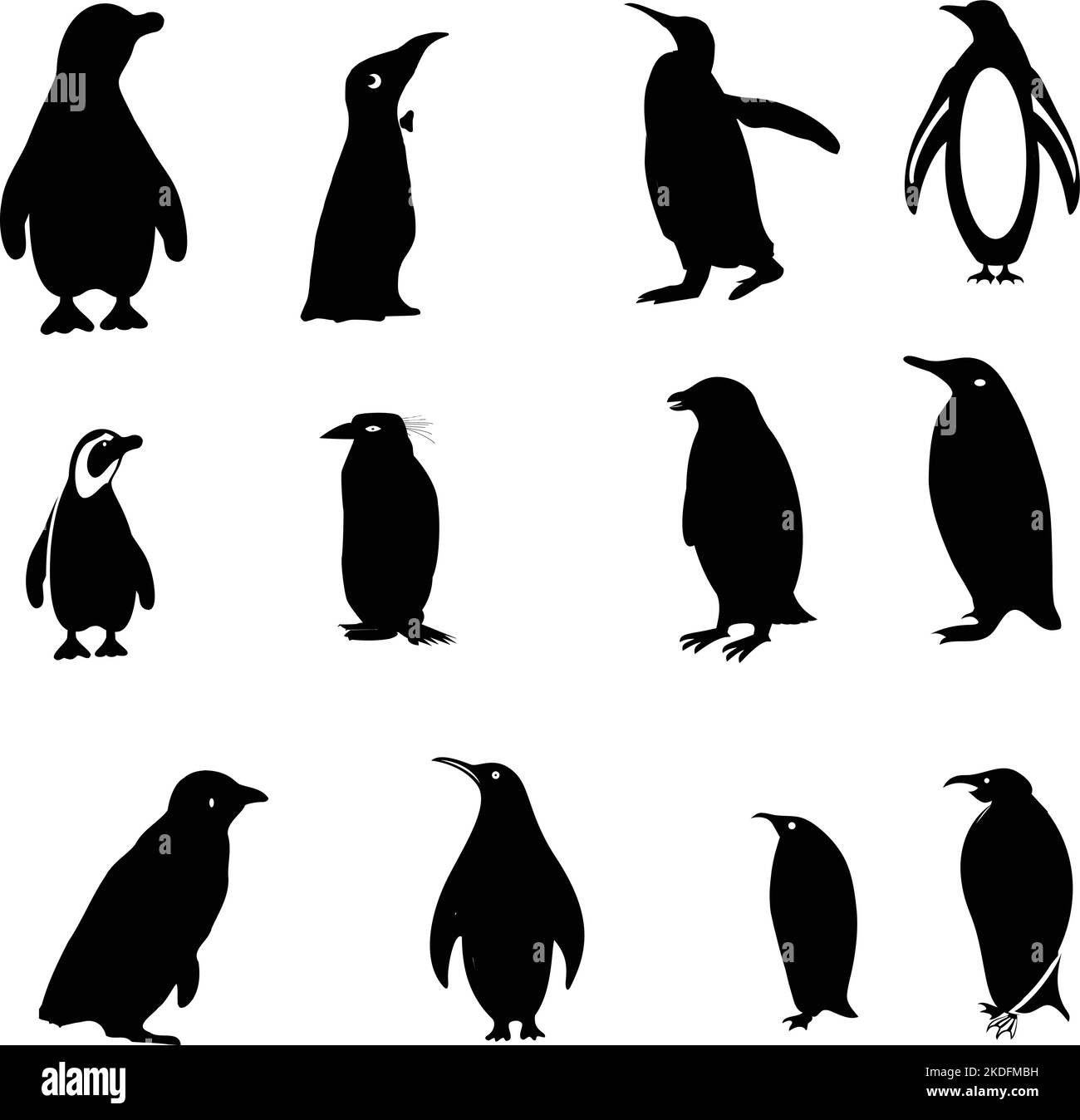 Il pacchetto di adesivi neri con silhouette di pinguini su una superficie bianca Illustrazione Vettoriale