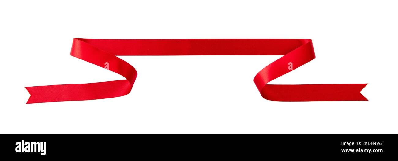 Banner nastro rosso isolato su sfondo bianco, elemento di design per etichette con nastro lucido, modello per pubblicità su nastro a scorrimento. Foto Stock