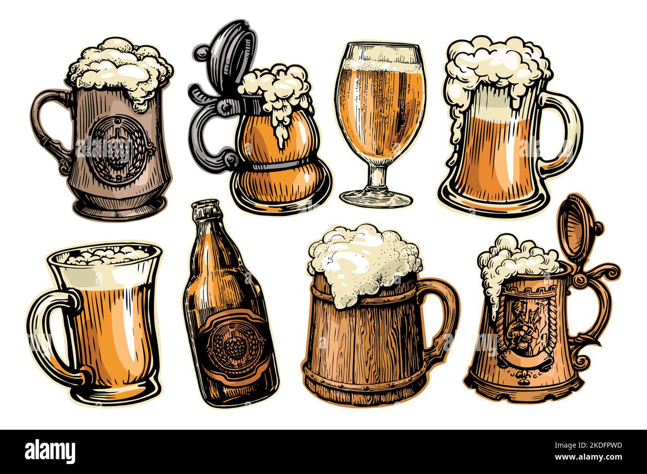 Set di birra vettore. Collezione di bicchieri, tazze e bottiglie con bevande alcoliche per la progettazione di menu di ristoranti o pub Illustrazione Vettoriale