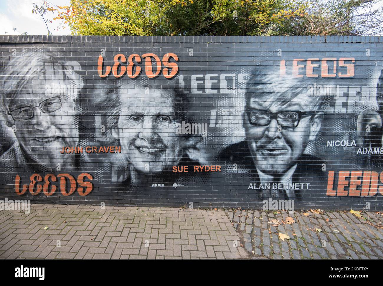 MURALES SUL LUNGOMARE DI AFFIX, Una collezione di murales a Leeds, una foto che celebra le famose figure di Leeds, che accoglie i visitatori al Leeds Dock. Foto Stock