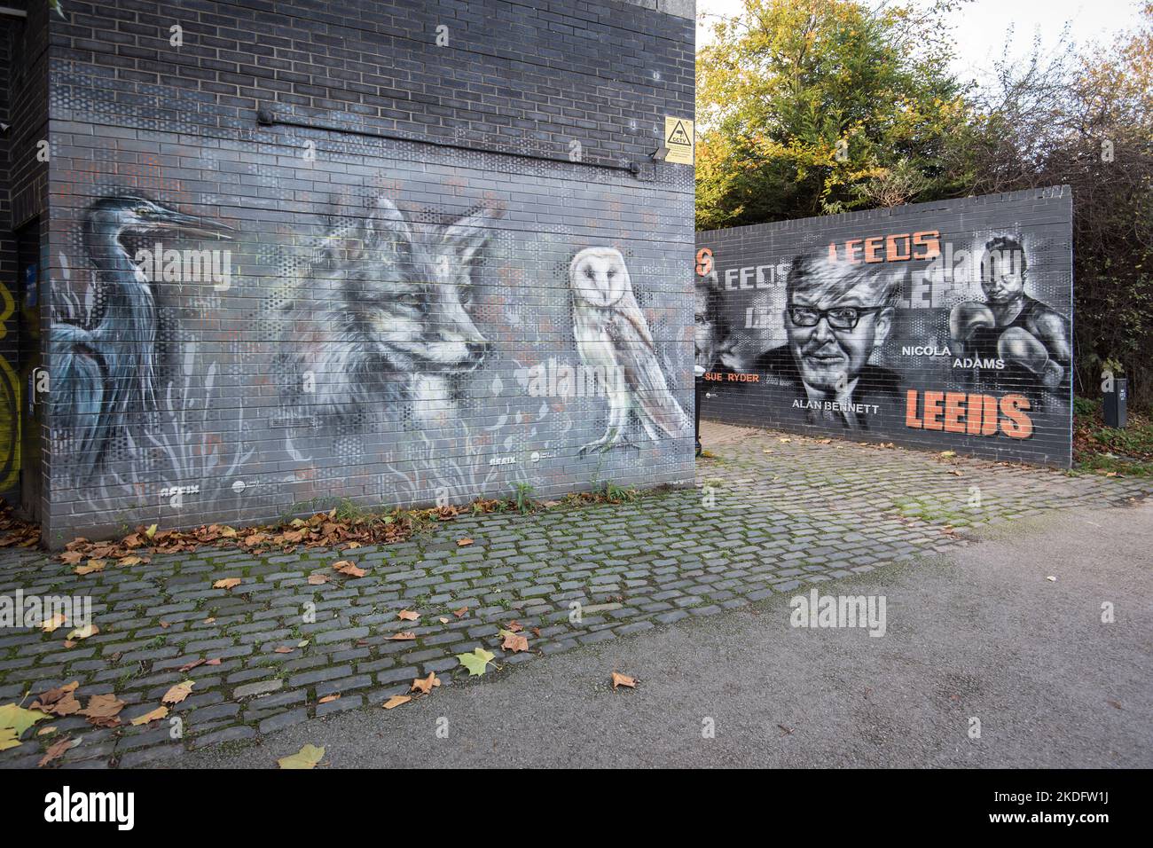 Una collezione di murales a Leeds, una foto che celebra le famose figure di Leeds, che accoglie i visitatori nell'area del Leeds Dock. Foto Stock