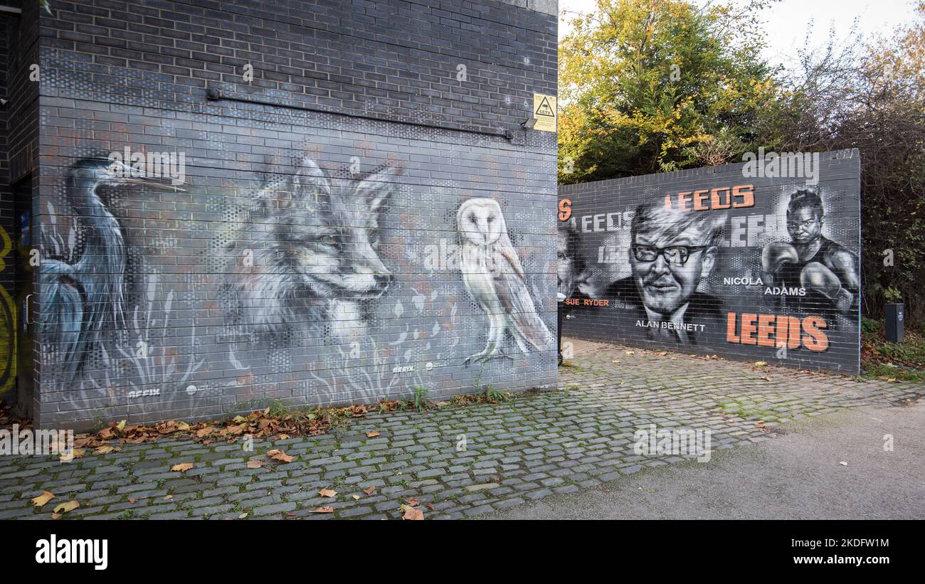 Una collezione di murales a Leeds, una foto che celebra le famose figure di Leeds, che accoglie i visitatori nell'area del Leeds Dock. Foto Stock