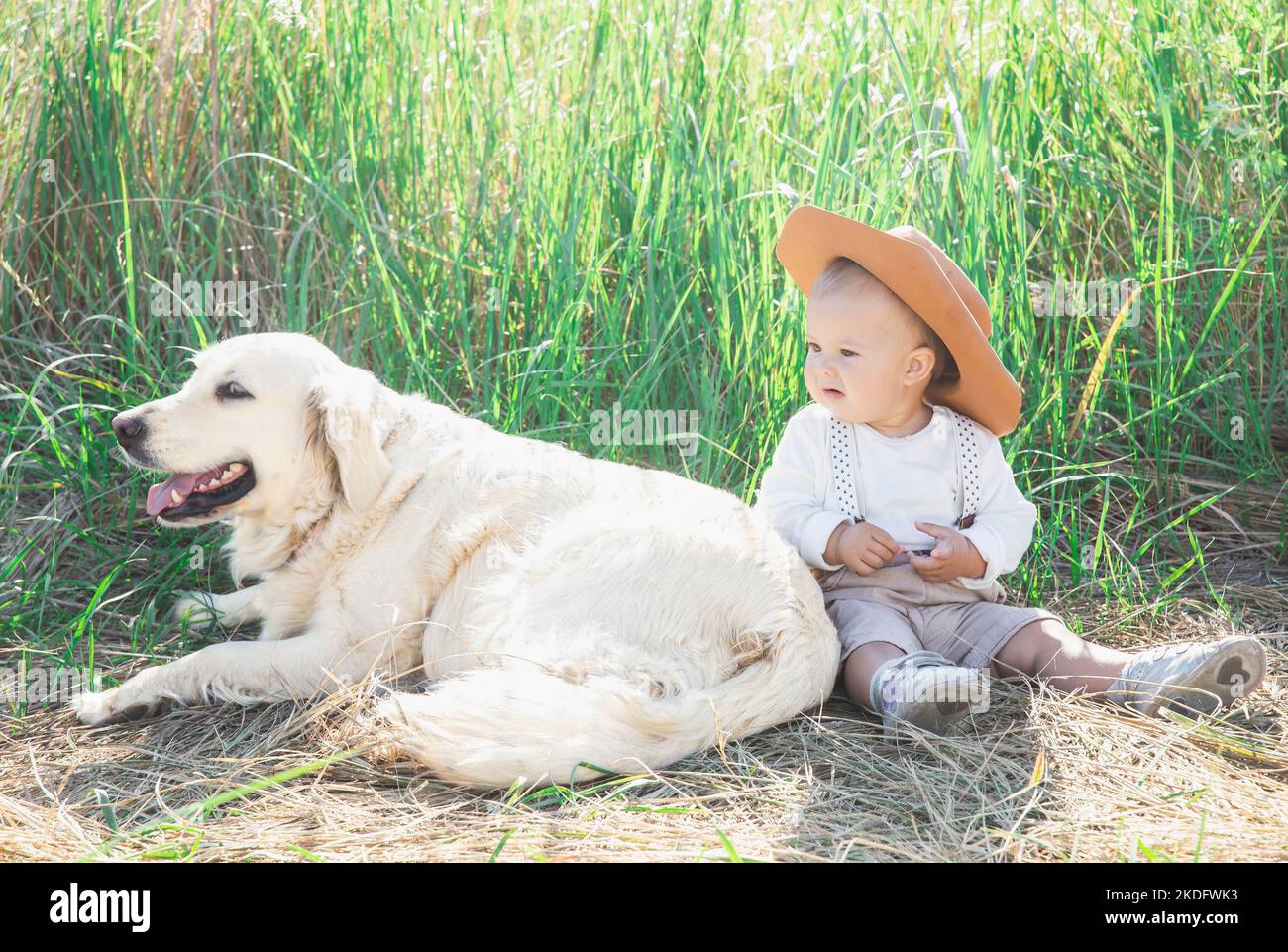 bel bambino in tuta con sospensori siede in erba con il cane Foto Stock