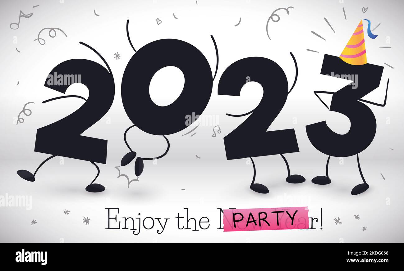 Felice 2023 numeri che ricevono il nuovo anno con una festa decorata con cappello da festa, streamers, confetti e note musicali in stile doodle. Illustrazione Vettoriale