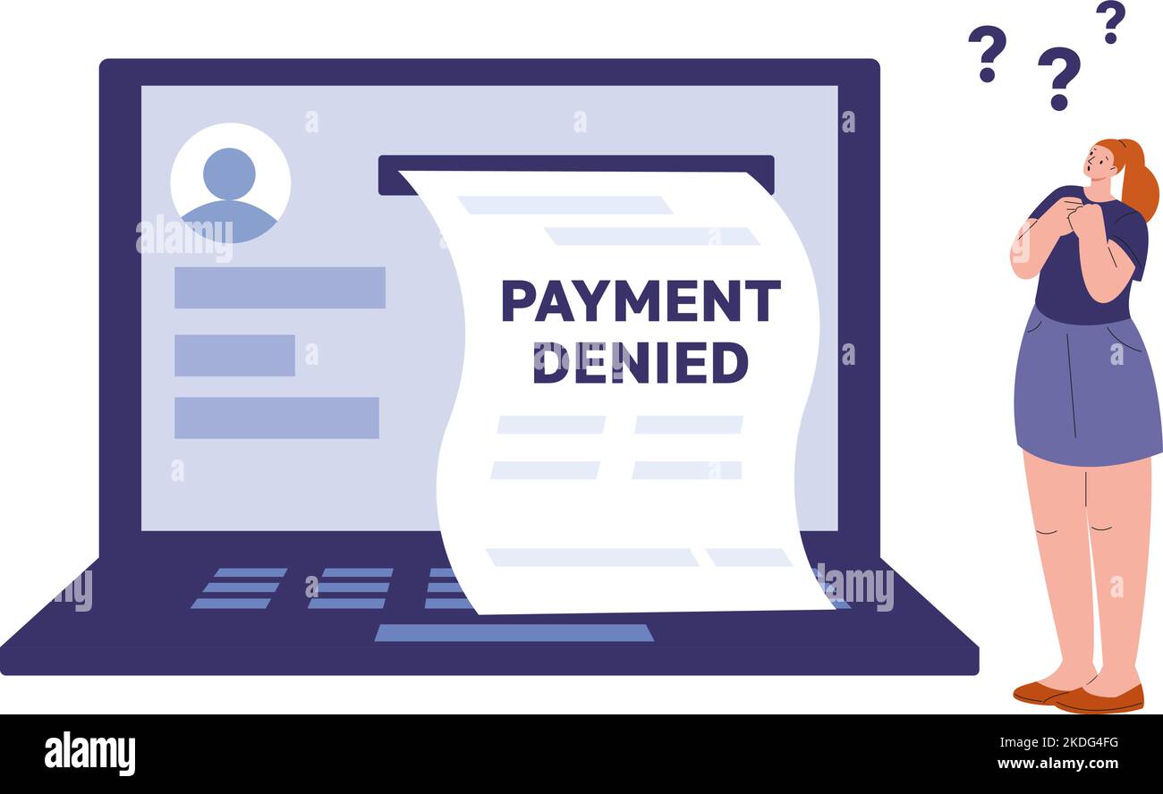 Concetto vettore pagamento negato. Ragazza sorpresa guardare la fattura di pagamento dallo schermo del computer. Internet banking non riuscito, errore finanziario carta di credito Illustrazione Vettoriale
