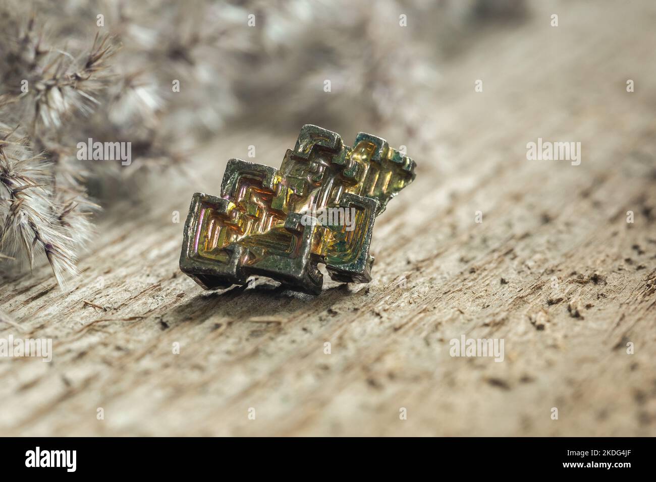 Metallo tonalità argento-rosa cristallino bismuto con struttura a cristallo romboedrico artificiale in fusione di piombo e rame Foto Stock