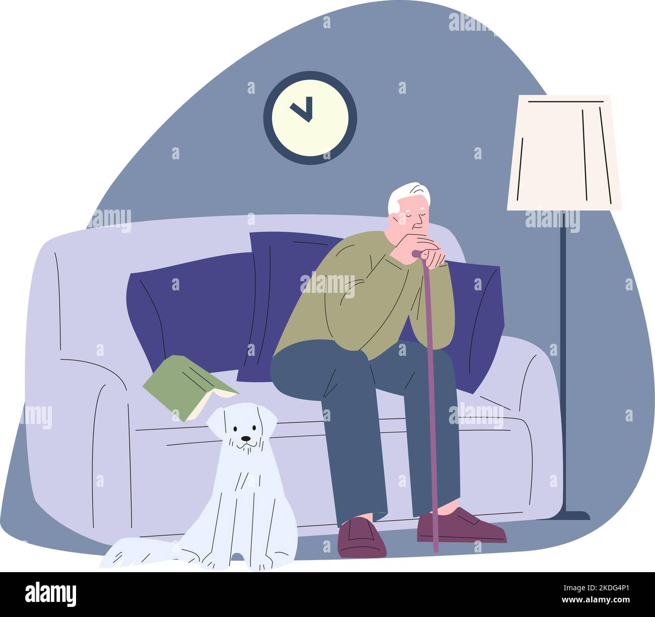 Uomo anziano stanco con il cane dormire sul divano. Solitudine in età anziane, riposo maschile a casa con cucciolo. Carattere di vettore di pensione piatto Illustrazione Vettoriale