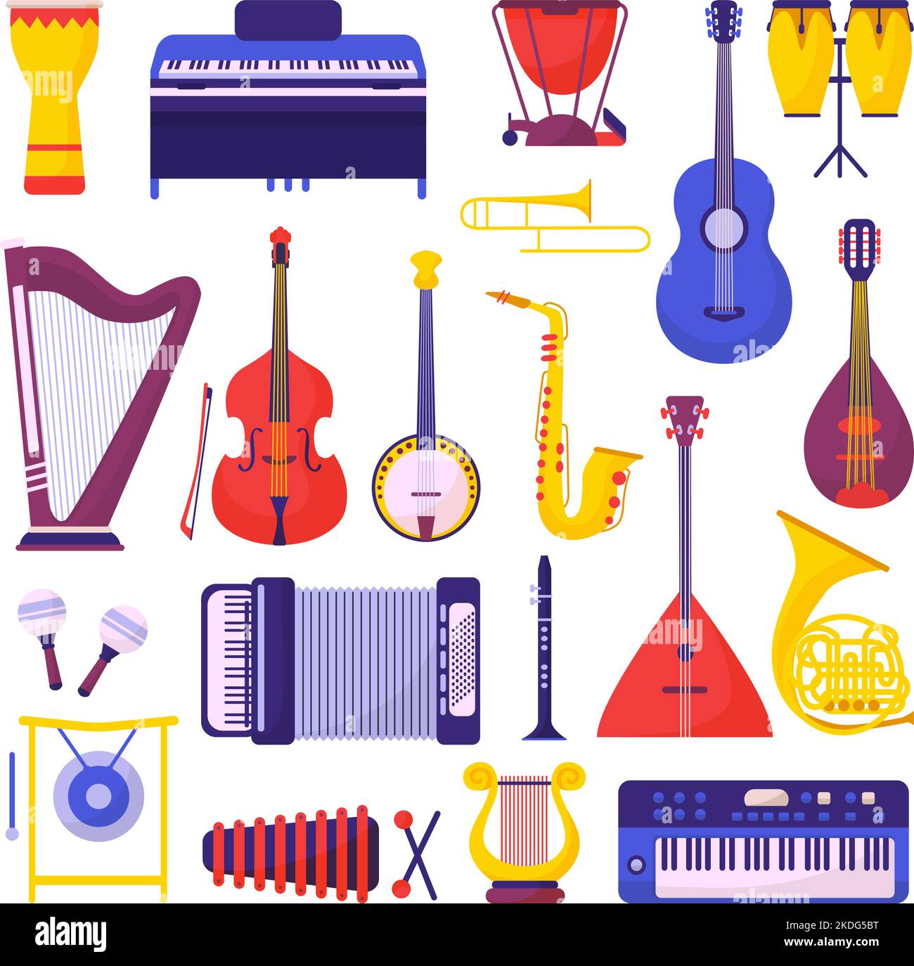 Strumenti musicali cartoni animati piatti. Musica clipart strumentale, elementi compositore. Pianoforte e clarinetto, fisarmonica e tromba. Vettore per orchestra neoterica Illustrazione Vettoriale