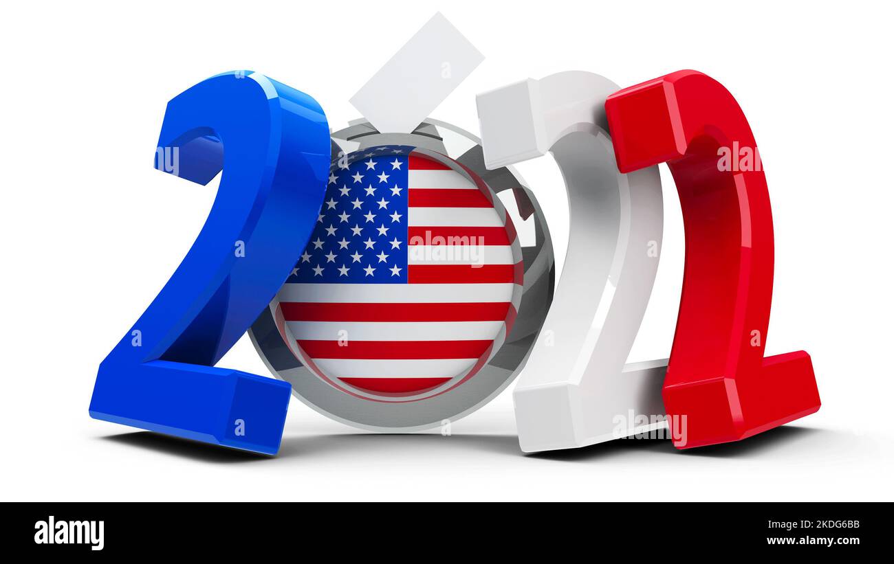 Le figure 2022 nei colori della bandiera americana con badge isolato su sfondo bianco, rappresentano Midterm elezione 2022 negli USA, rappresentazione tridimensionale Foto Stock