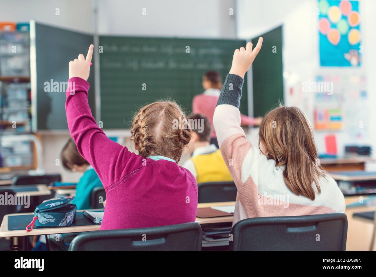Due studentesse di ragazza che alzano le mani per rispondere ad una domanda dentro classe scolastica Foto Stock