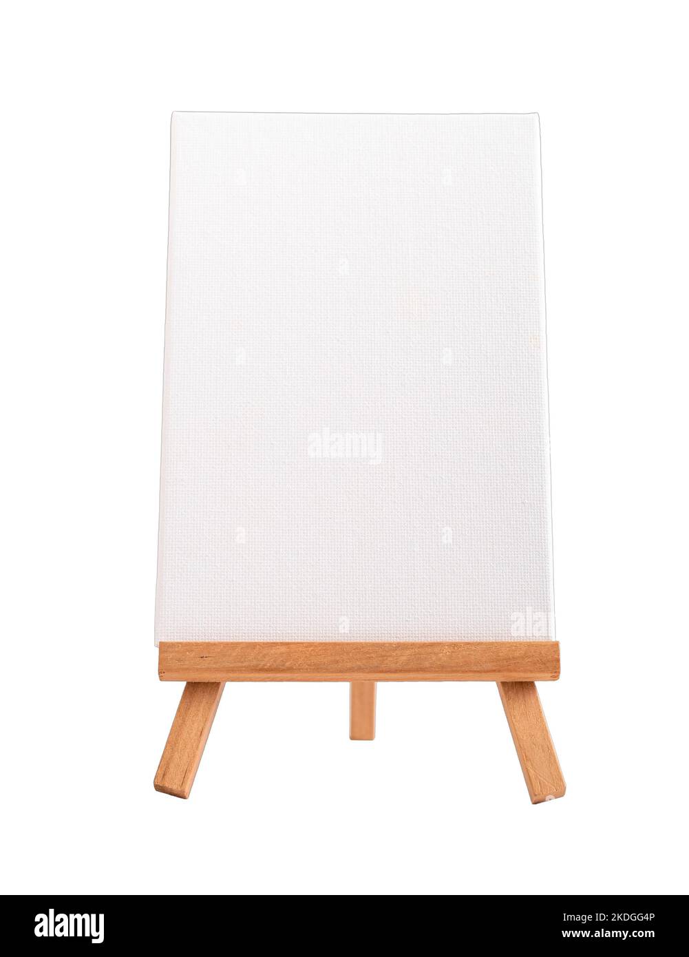 Mockup verticale in tela su cavalletto in legno, mini treppiede isolato su sfondo bianco. Foto di alta qualità Foto Stock