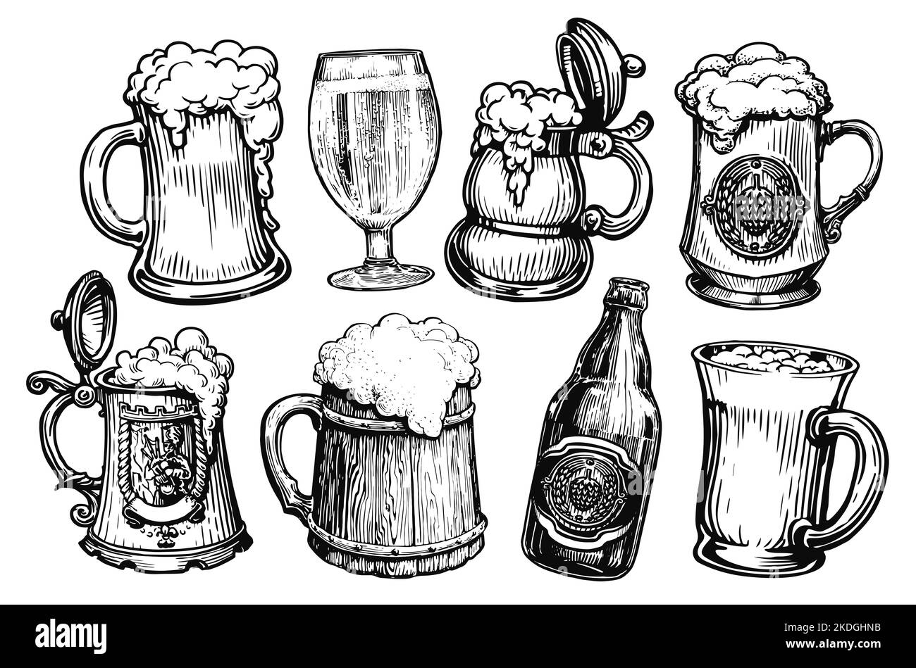Illustrazione del set di birra. Collezione di bicchieri, tazze e bottiglie con bevande alcoliche per la progettazione di menu di ristoranti o pub Foto Stock