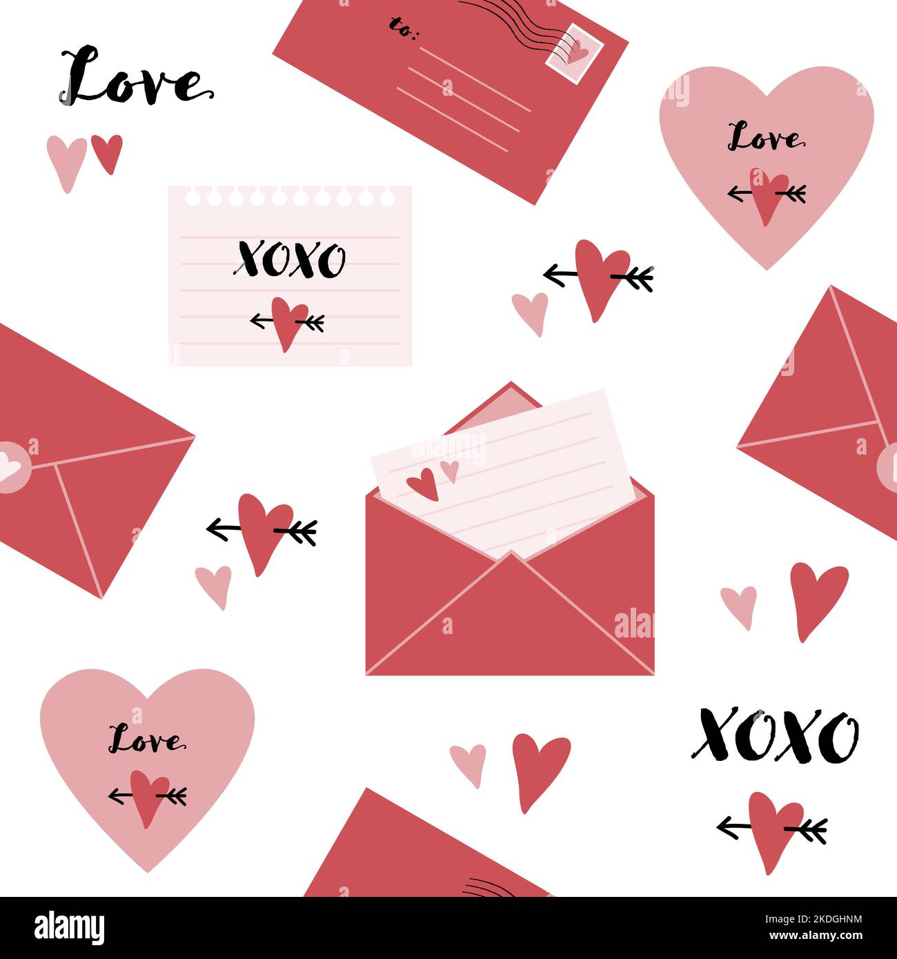 Motivo senza cuciture con note d'amore e buste. Illustrazione Vettoriale