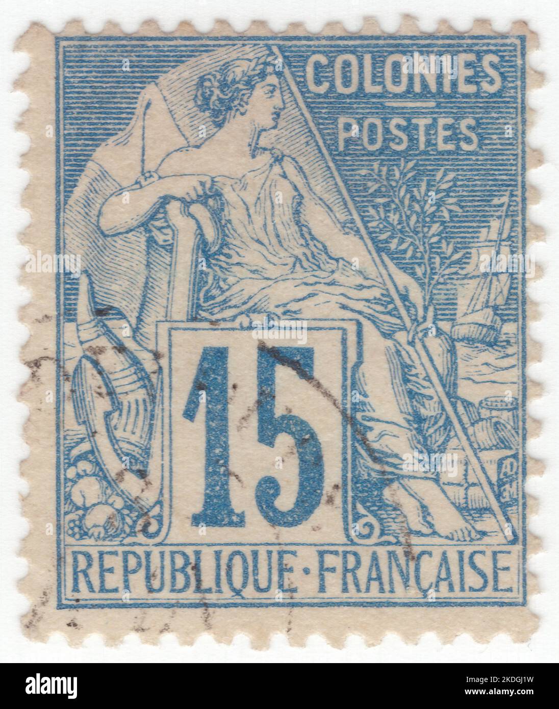 COLONIE FRANCESI - 1881: Un francobollo blu da 15 centesimi raffigurante una figura femminile allegoria 'Commercio' seduta sola e scritta 'COLONIE'. Serie colonie francesi di Alphee Dubois Foto Stock