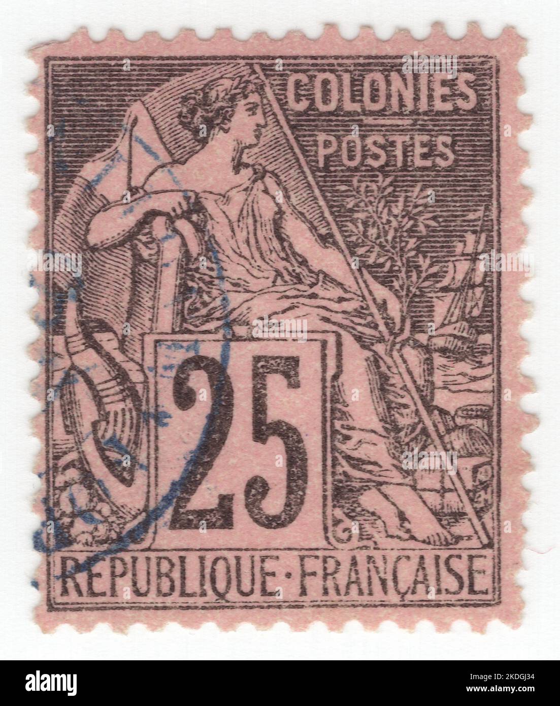 COLONIE FRANCESI - 1886: Un francobollo da 25 centesimi nero su rosa raffigurante una figura femminile allegoria 'Commercio' seduta sola e scritta 'COLONIE'. Serie colonie francesi di Alphee Dubois Foto Stock