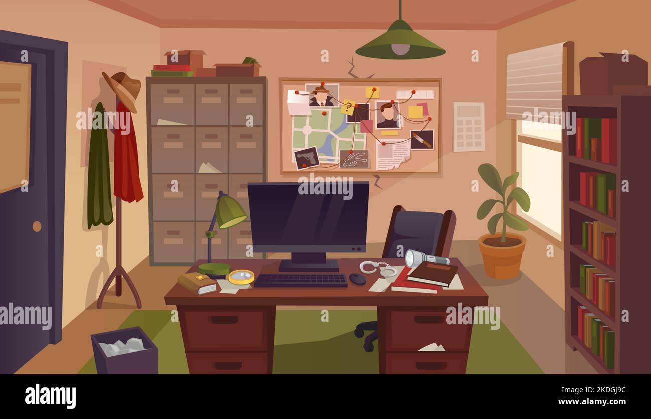 Ufficio investigativo. Armadietto investigatore posto di lavoro, polizia bordo mappa muro di indagine crimine, scrivania spionaggio agenzia informazioni criminali, ingegnoso vettore illustrazione di ufficio detective interno Illustrazione Vettoriale