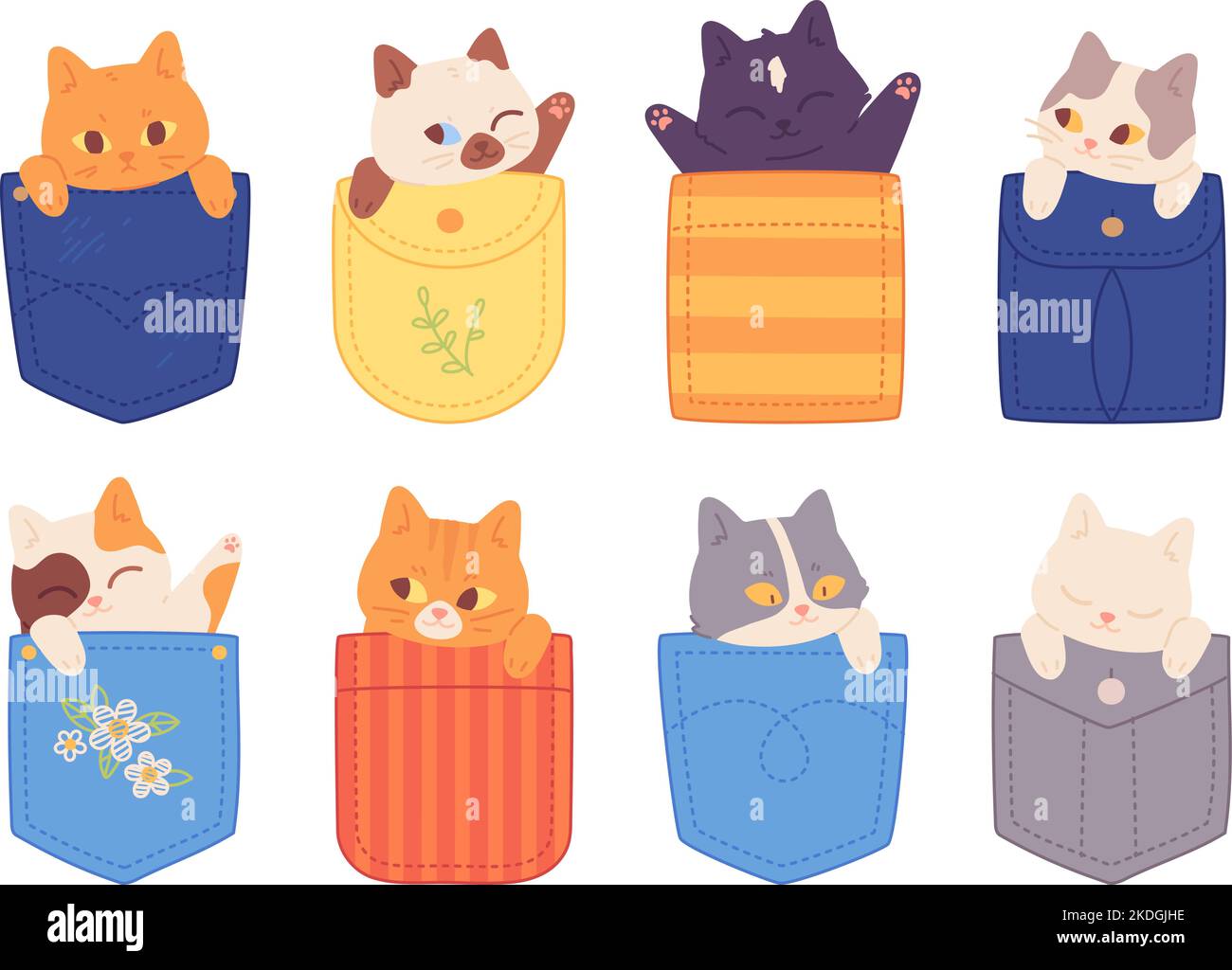 Gatti tascabili. Adorabili gattini in grandi tasche, felice affascinante gatto t-shirt stampa, cartone animato capretto morbido animali personaggi carino cucciolo testa arte disegnare vistosa vettore illustrazione di tasca gattino Illustrazione Vettoriale