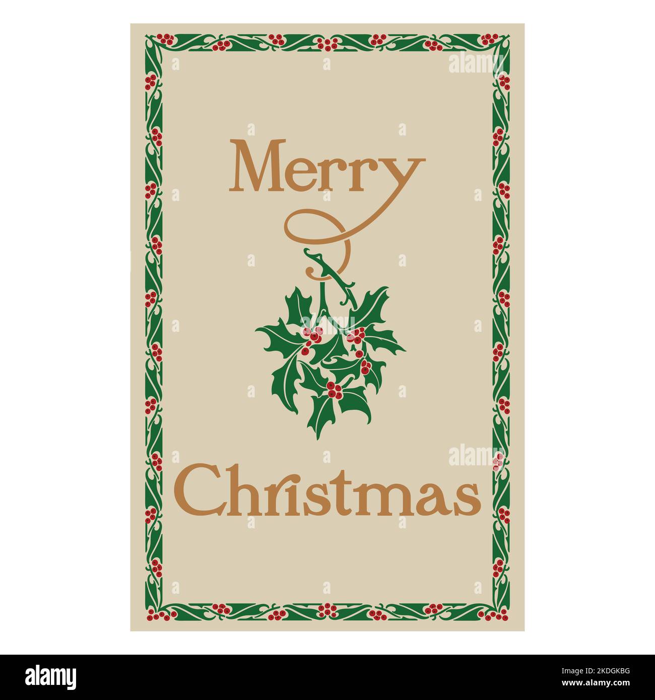 Disegno di Natale per le cartoline. Illustrazione in stile retrò con scritta Holly e vintage Merry Christmas Illustrazione Vettoriale