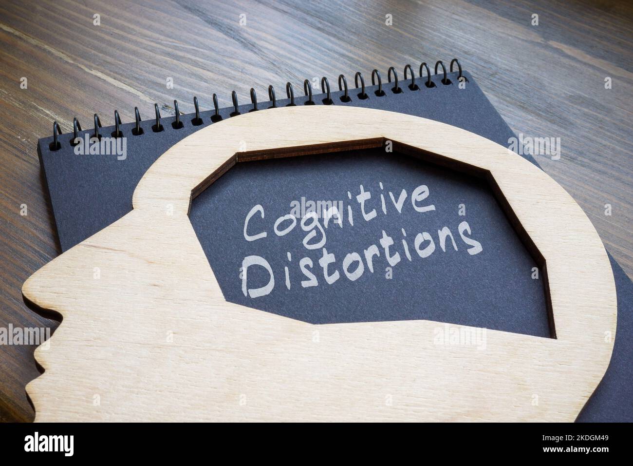 Distorsioni cognitive scritte a mano su una pagina e una testa. Foto Stock