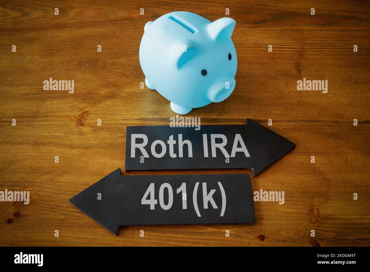 Piggy bank e frecce con le indicazioni Roth IRA e 401k piano di pensionamento. Foto Stock