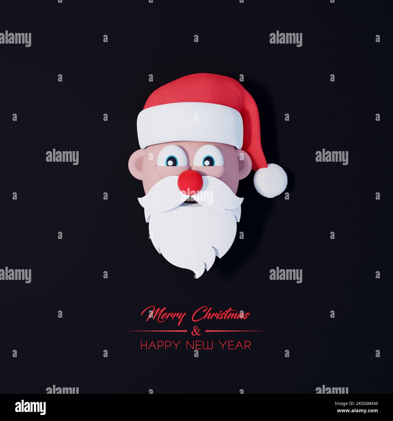 Babbo Natale 3D personaggio con naso rosso. Biglietto d'auguri di Natale su sfondo nero 3D rendering 3D illustrazione Foto Stock