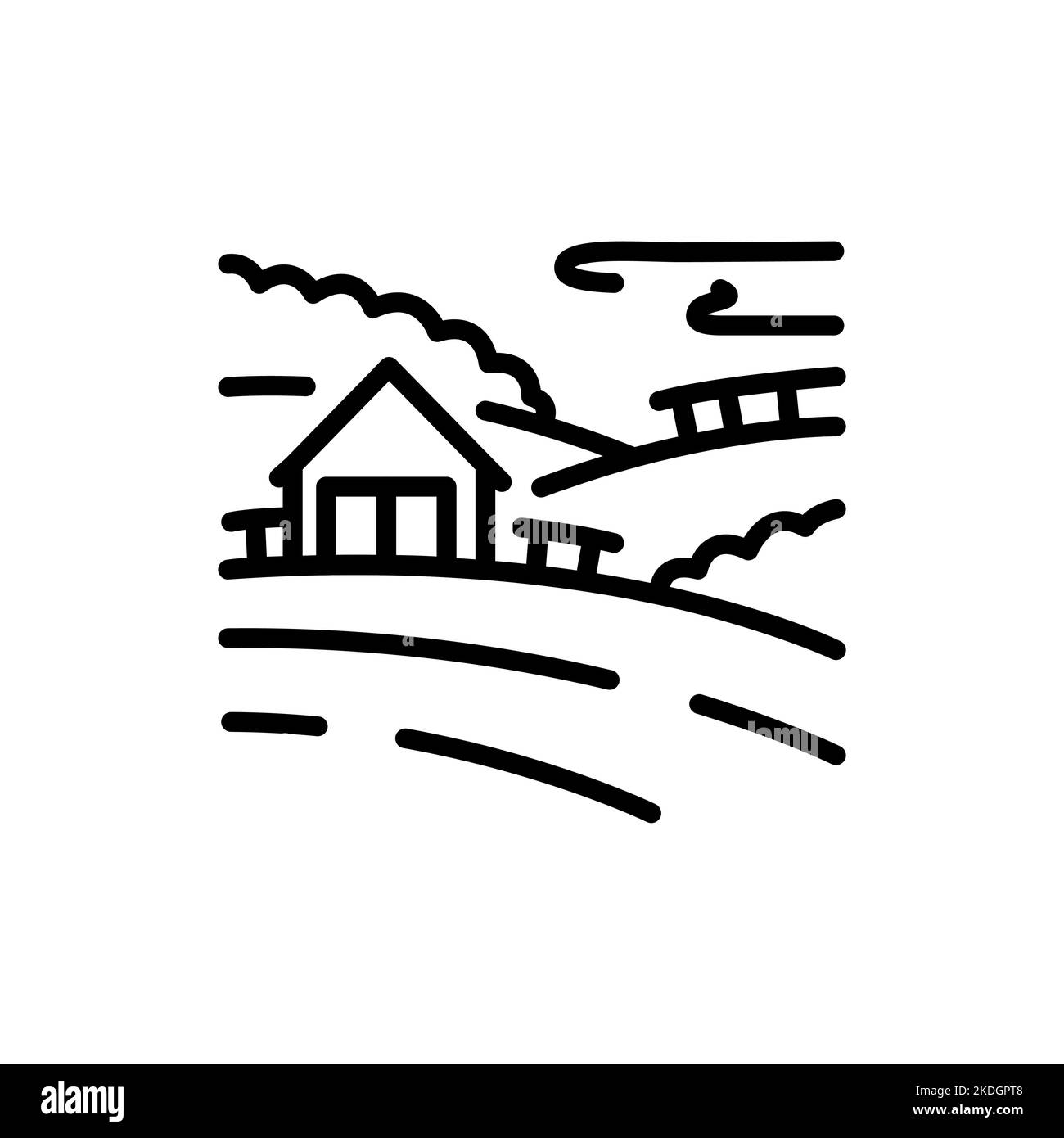 Icona della linea nera del villaggio. Paesaggio naturale. Pittogramma per la pagina Web. Illustrazione Vettoriale