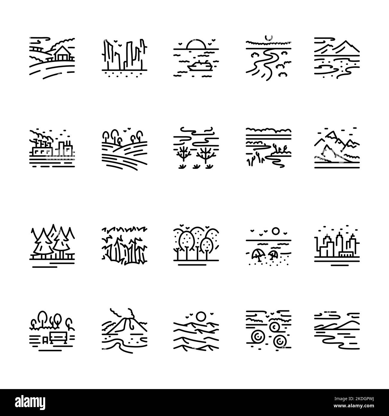 Tipi paesaggi icone di linea impostate. Segni per pagina web Illustrazione Vettoriale