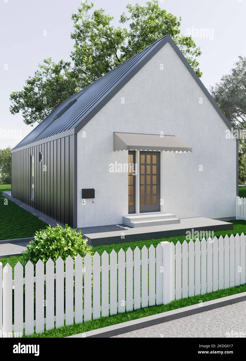 Casa moderna con un paesaggio ben curato. rendering 3d. Foto Stock