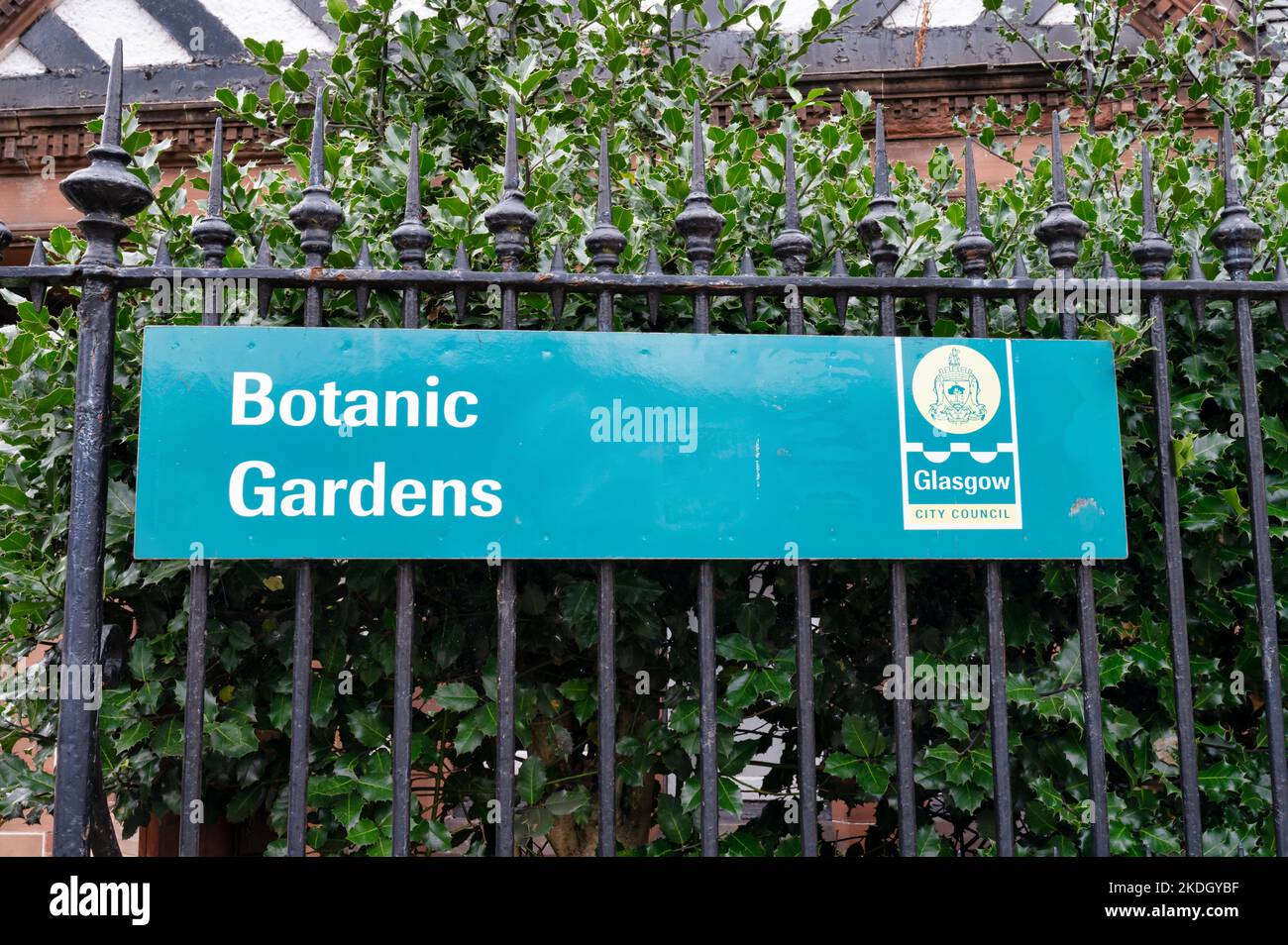 Glasgow, Regno Unito - 10 settembre 2022: L'indicazione per i giardini botanici nel centro di Glasgow, Scozia Foto Stock