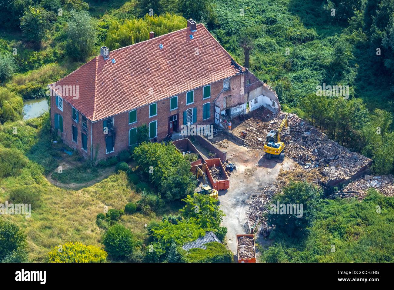 Veduta aerea, casa di Hohenover, ex castello ormeggiato, danni da incendio dopo l'incendio, Norddinker, Uentrop, Hamm, Ruhr zona, Renania settentrionale-Vestfalia, Germania, Foto Stock