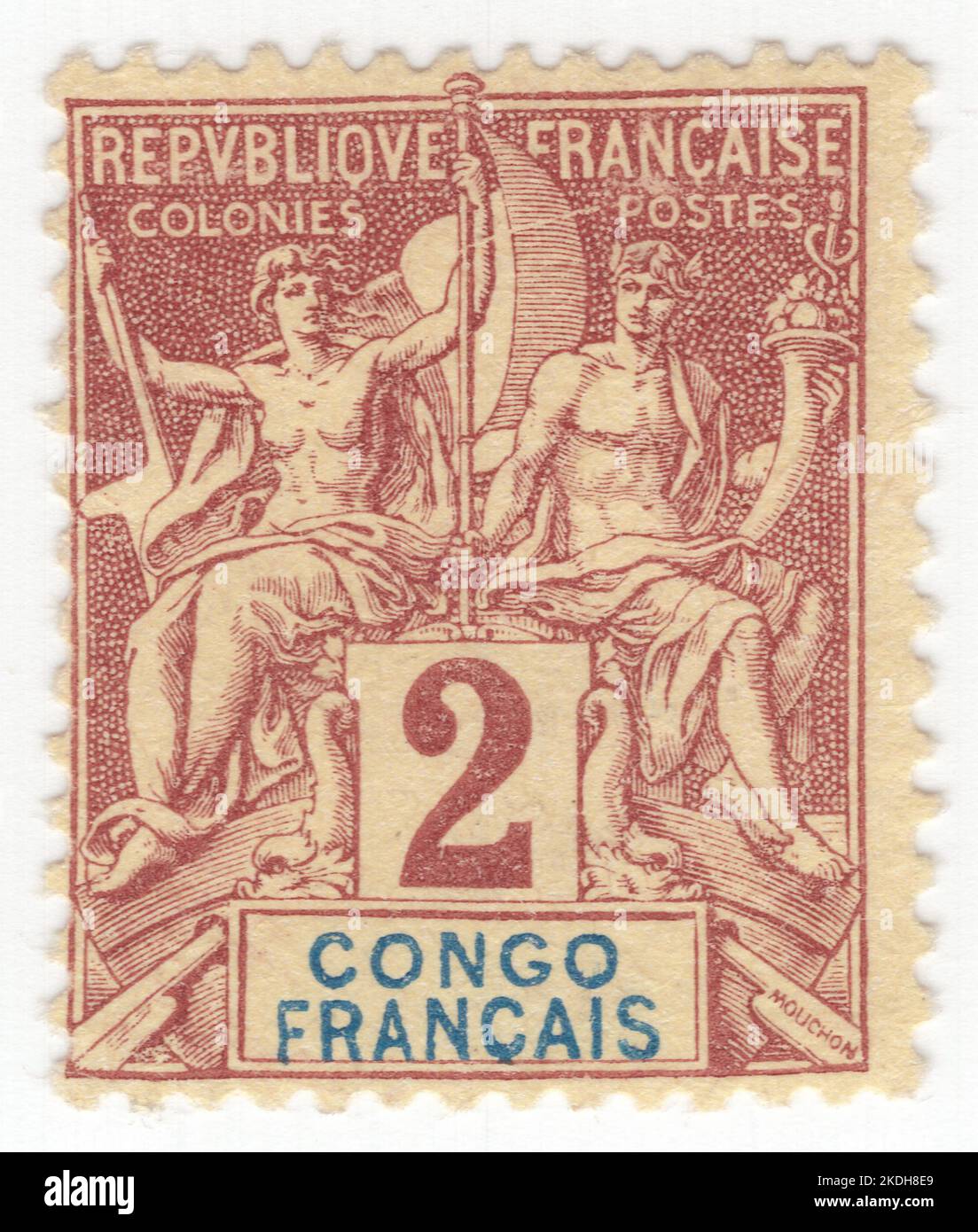 CONGO FRANCESE - 1892: Un francobollo marrone da 2 centesimi su buff raffigurante una coppia di Dio e dea antiche come allegoria 'navigazione e commercio'. È stato progettato da Louis-Eugene Mouchon. La Francia ha iniziato a emettere francobolli stampati con il nome del territorio nel 1892 come parte dell'emissione navigazione e commercio. Una serie di francobolli comuni è stata emessa a partire dal 1884, con un ultimo nel 1906. Successivamente ogni colonia utilizzava solo i propri francobolli. L'edizione di navigazione e commercio è una serie di francobolli di tipo chiave emessi per i territori coloniali della Francia Foto Stock