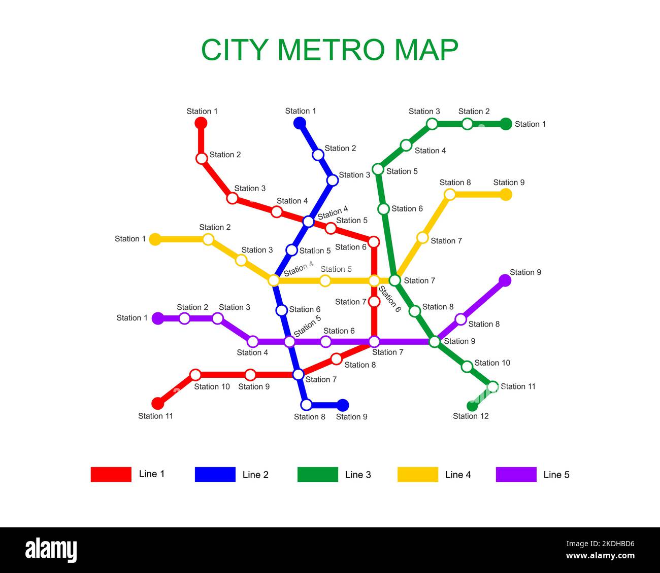 Modello mappa della metropolitana della città. Piano della metropolitana con 5 linee colorate con stazioni. Diagramma infografico della rete pubblica di trasporto rapido isolata su sfondo bianco. Illustrazione vettoriale Illustrazione Vettoriale