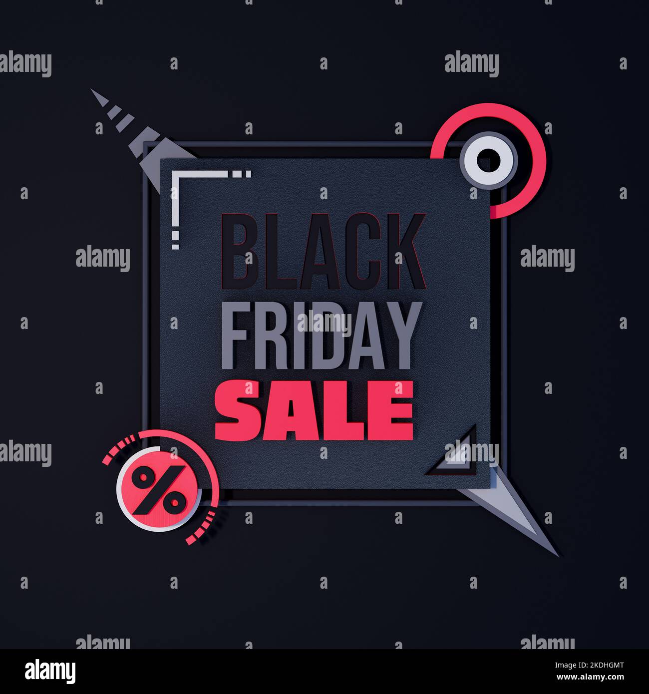 Black Friday banner di vendita moderna su sfondo scuro. Pubblicità, offerte speciali e vendita. Banner e poster, brochure e volantino 3D rendering Foto Stock