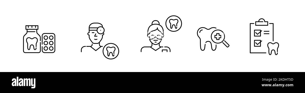 Set di icone relative a specialisti in cura dentale. Medicina, medico e infermiere, controllo dentale. Pixel Perfect, tratto modificabile Illustrazione Vettoriale