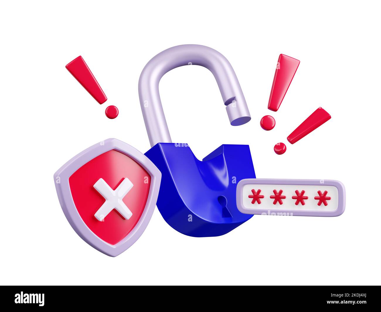 rendering 3D, password truffa avviso, avviso, concetto di protezione dei dati personali con lucchetto aperto, campo passcode, scudo con croce e segni esclamativi illustrazione isolata in stile cartoon plastico Foto Stock