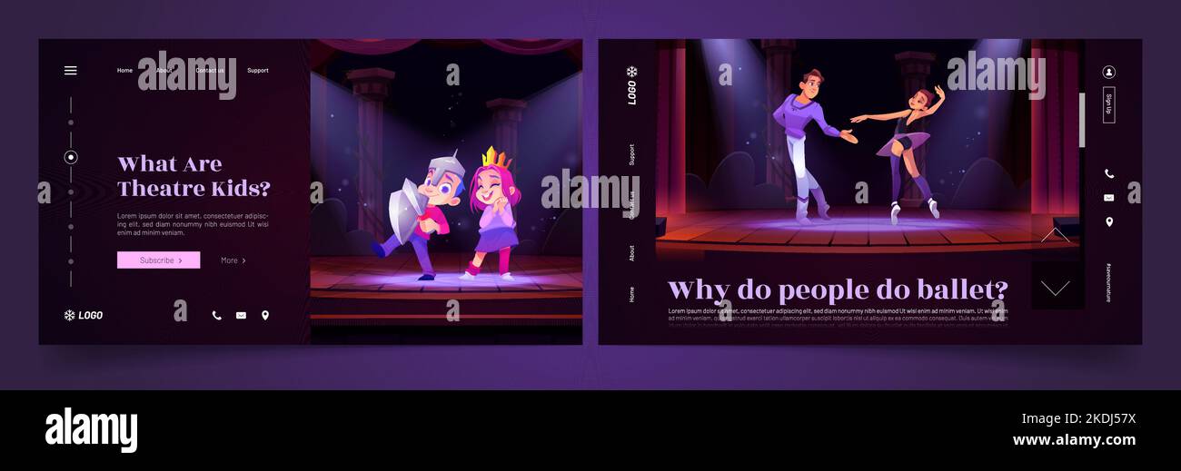Set di modelli per la landing page del club teatro e balletto. Illustrazione vettoriale dei cartoni animati di bambini felici in costumi che eseguono il gioco e ballerina con il compagno sul palco. Disegno di Web site della scuola di arte di dramma Illustrazione Vettoriale