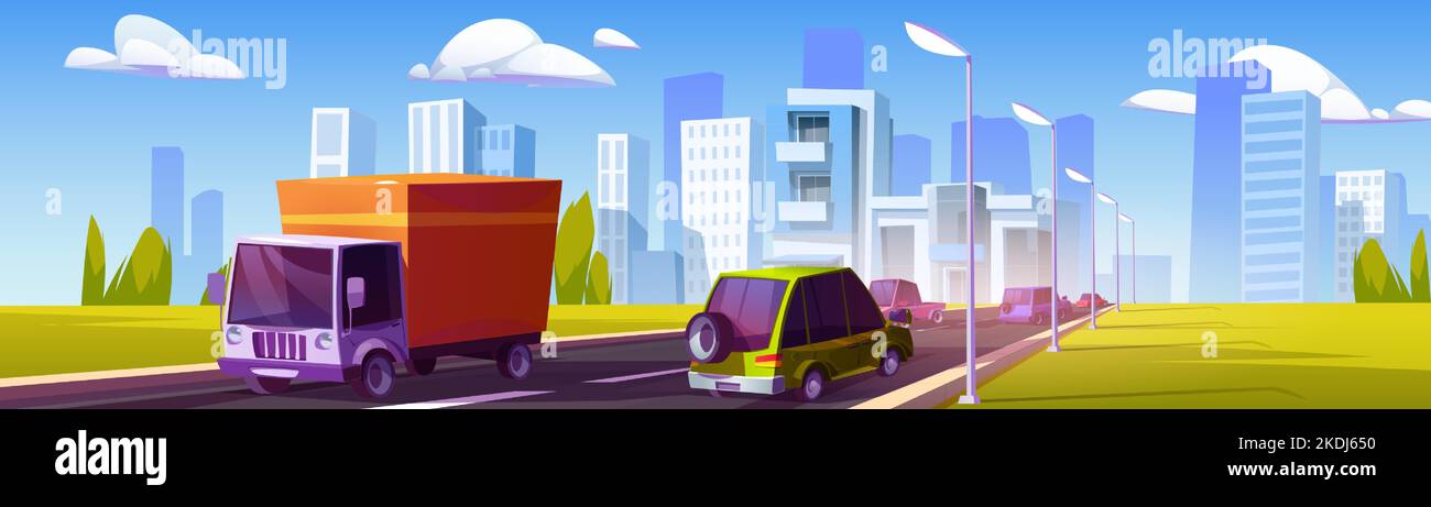 Traffico in autostrada sullo sfondo del paesaggio urbano. Illustrazione vettoriale dei cartoni animati di automobili e camion che guidano la strada urbana nelle giornate di sole, erba verde sulla strada, grattacieli sotto il cielo blu. Trasporto Illustrazione Vettoriale
