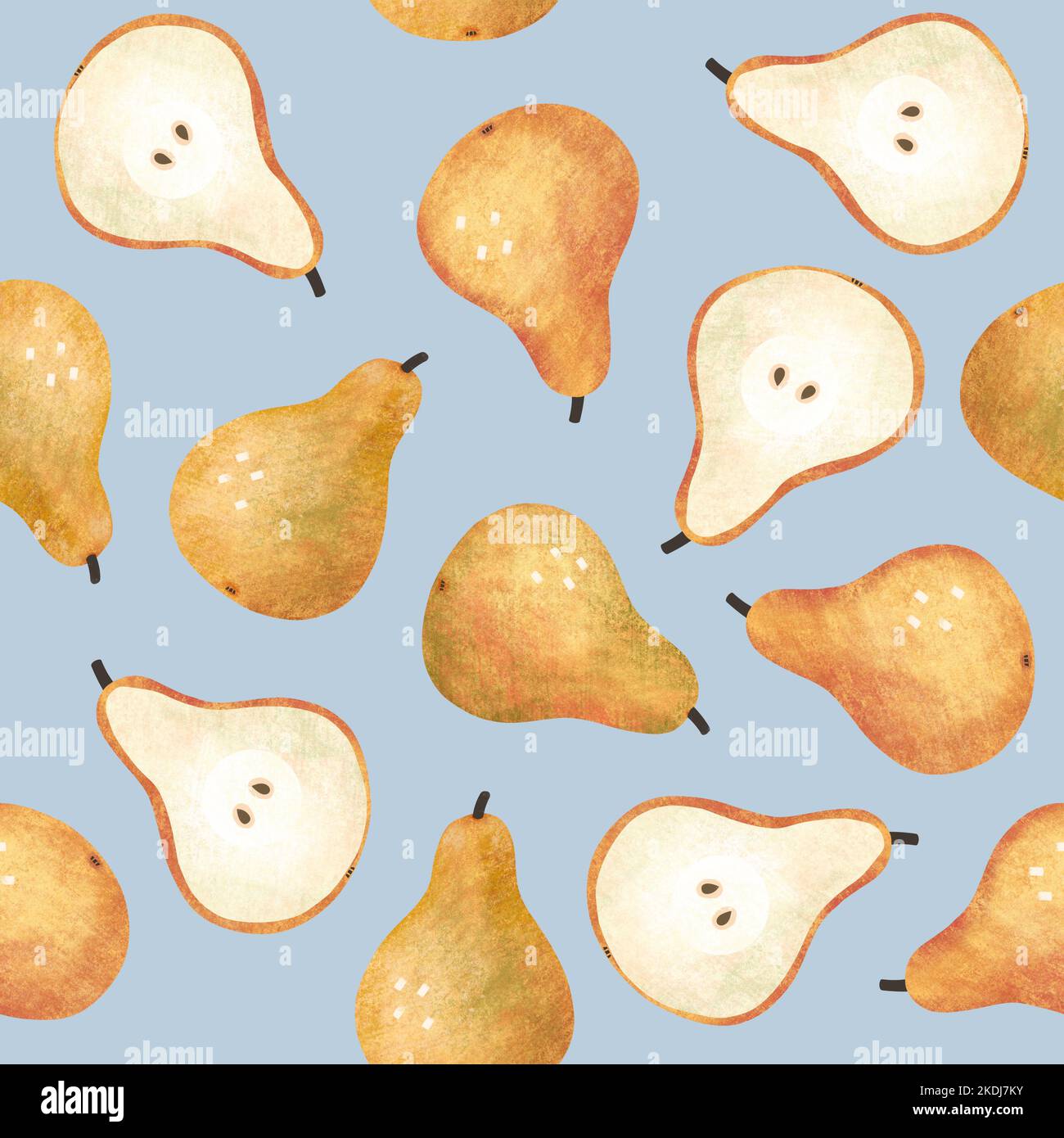 Motivo carino e senza cuciture con pere fresche e succose tagliate a metà. Frutti isolati disegnati a mano su sfondo blu. Per la progettazione di involucri, tessuti e tessuti. Foto Stock