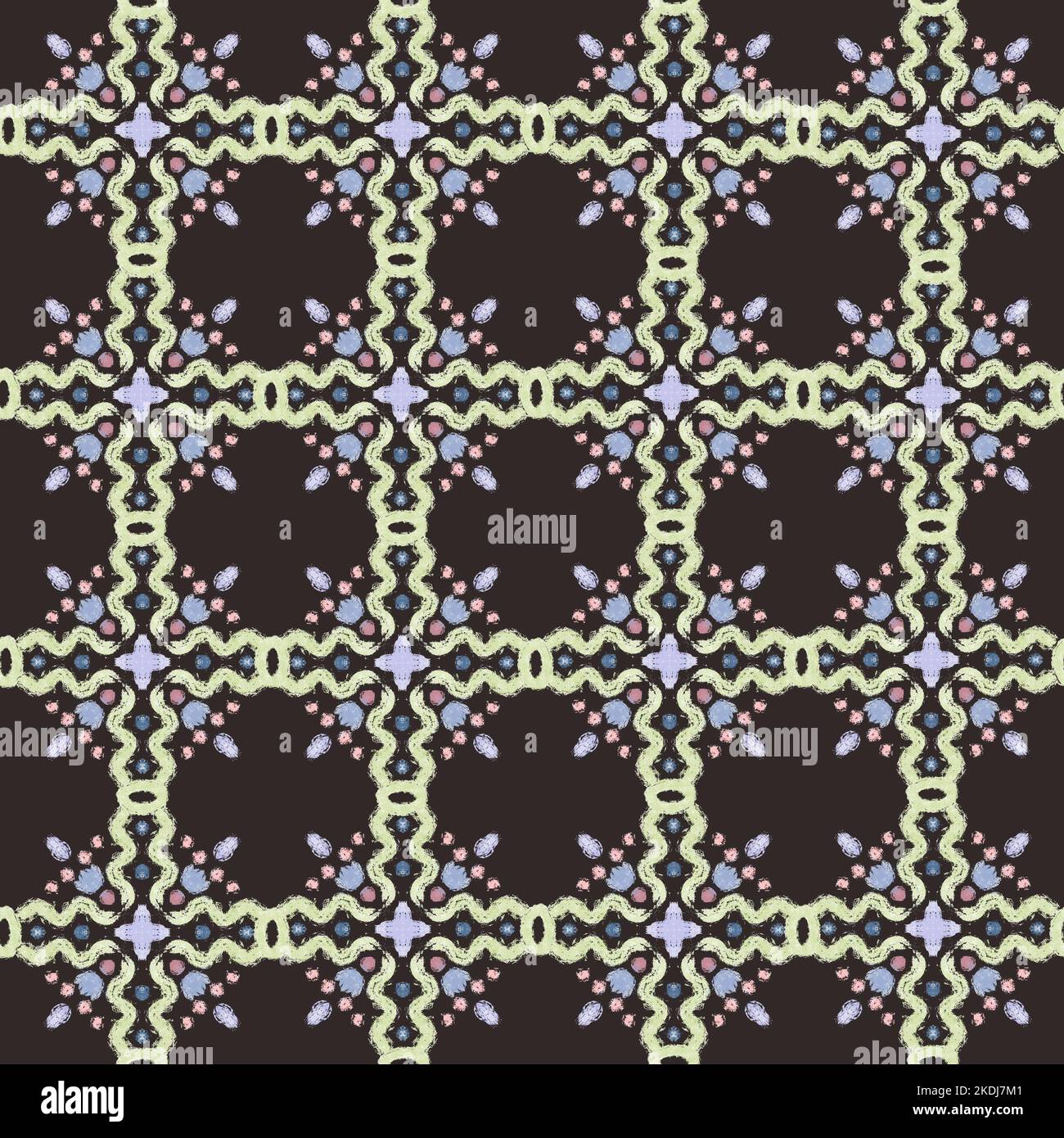 Le linee di gesso astraggono il motivo senza giunture in tonalità di terra su sfondo scuro. Motivi etnici tribali stile geometrico a mano libera. Ornamento classico folk. Foto Stock