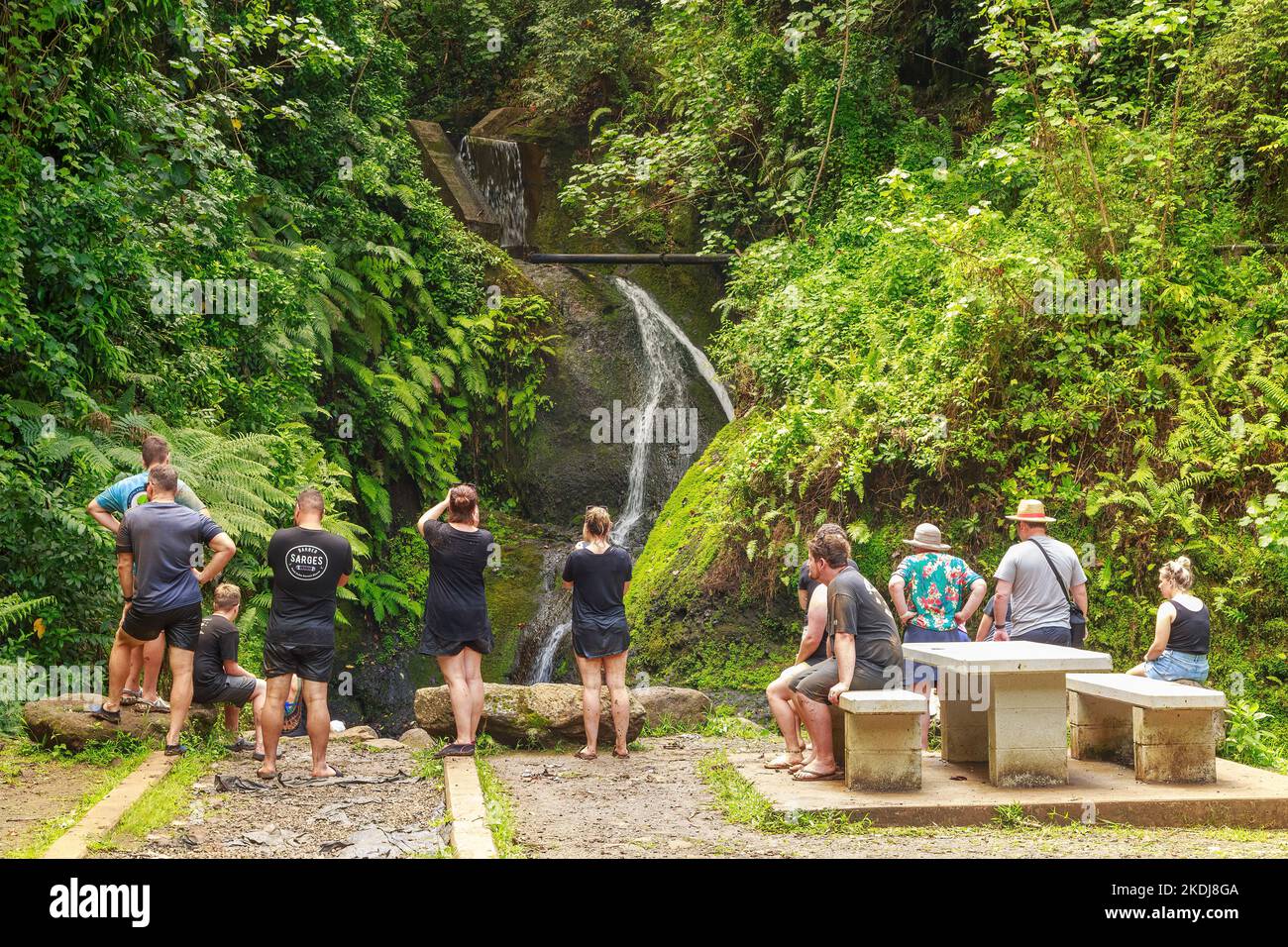 Un gruppo di turisti alla cascata di Wigmore, l'unica cascata sulle isole di Rarotonga, Isole Cook Foto Stock