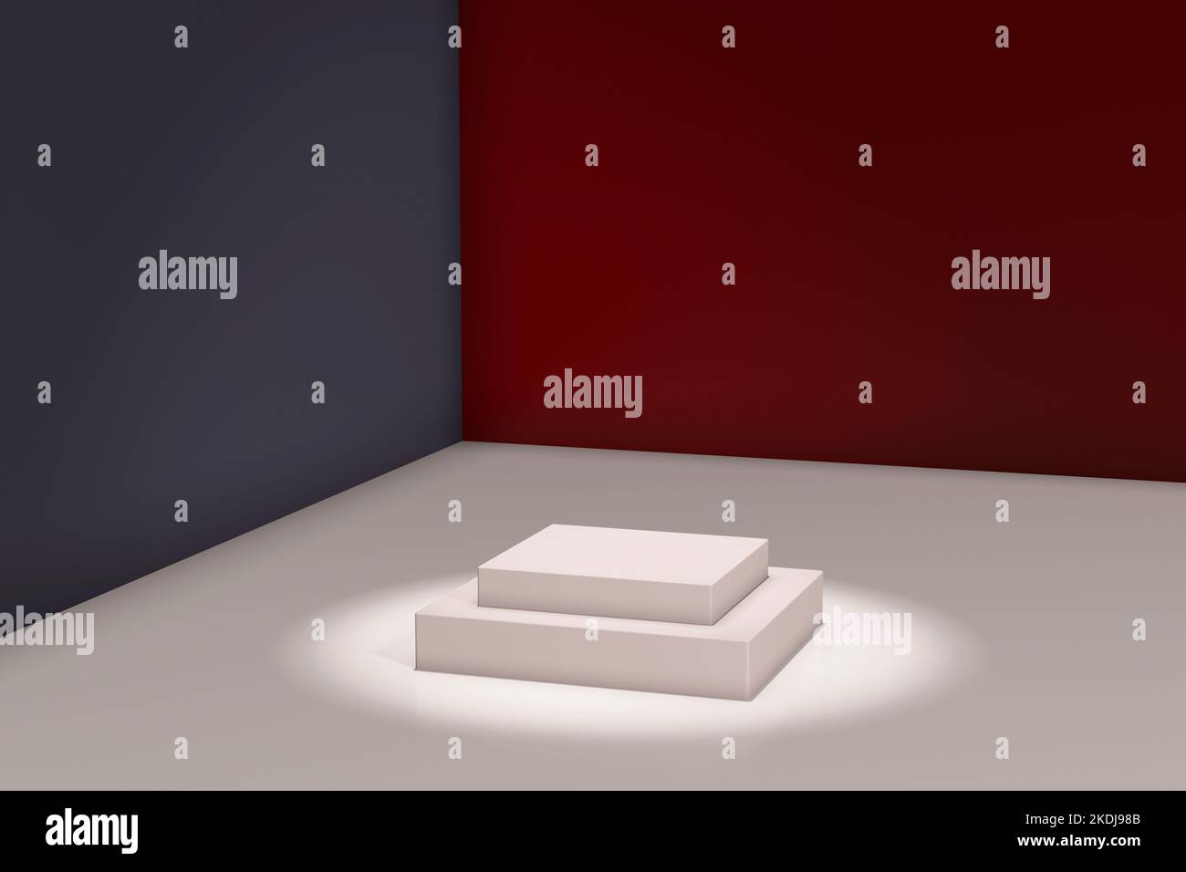 Passerella rettangolare bianca vuota in studio con pareti rosse e blu. Illustrazione 3D. Foto Stock