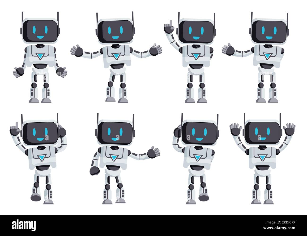 Design del set vettoriale dei caratteri robotici. Personaggi robot in posa eretta e gesti ondulati isolati su sfondo bianco per la collezione di cartoni animati ai. Illustrazione Vettoriale