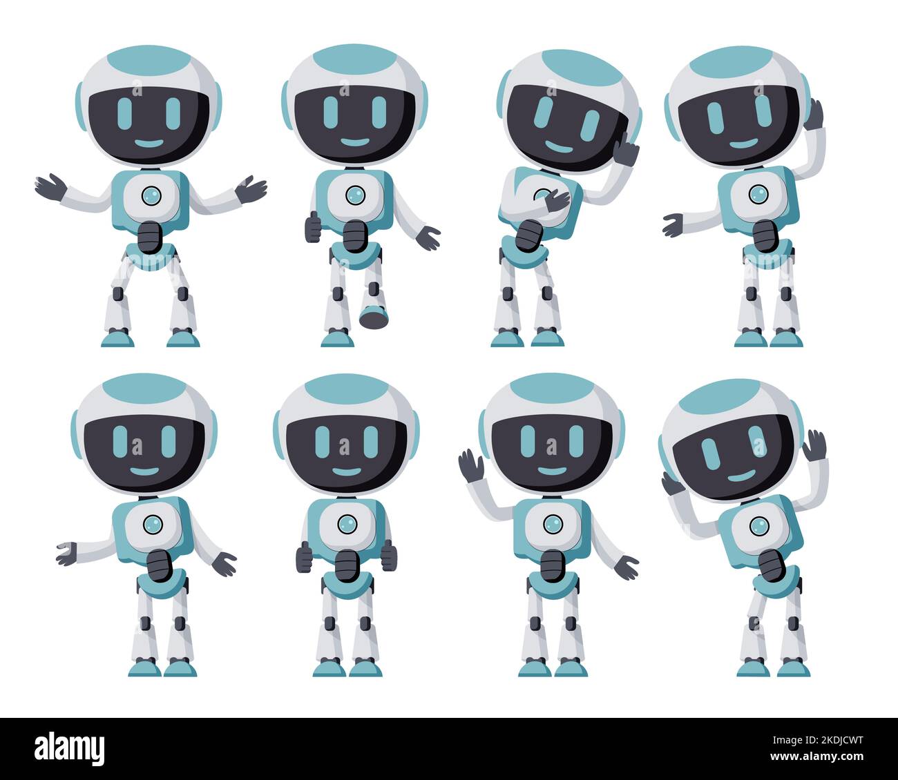 Design del set di caratteri dei robot. Personaggi robotici con posa e gesti di levarsi in piedi, agitare e pollici per robot a tecnologia artificiale. Illustrazione Vettoriale
