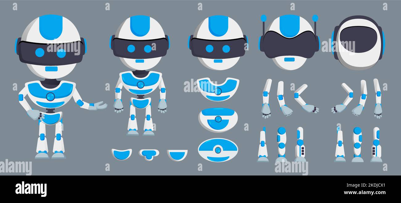 Set vettoriale kit creazione caratteri robot. Kit di personaggi modificabili per robot con braccia, gambe e parti della testa per creare il corpo in posa e gestuale. Illustrazione Vettoriale
