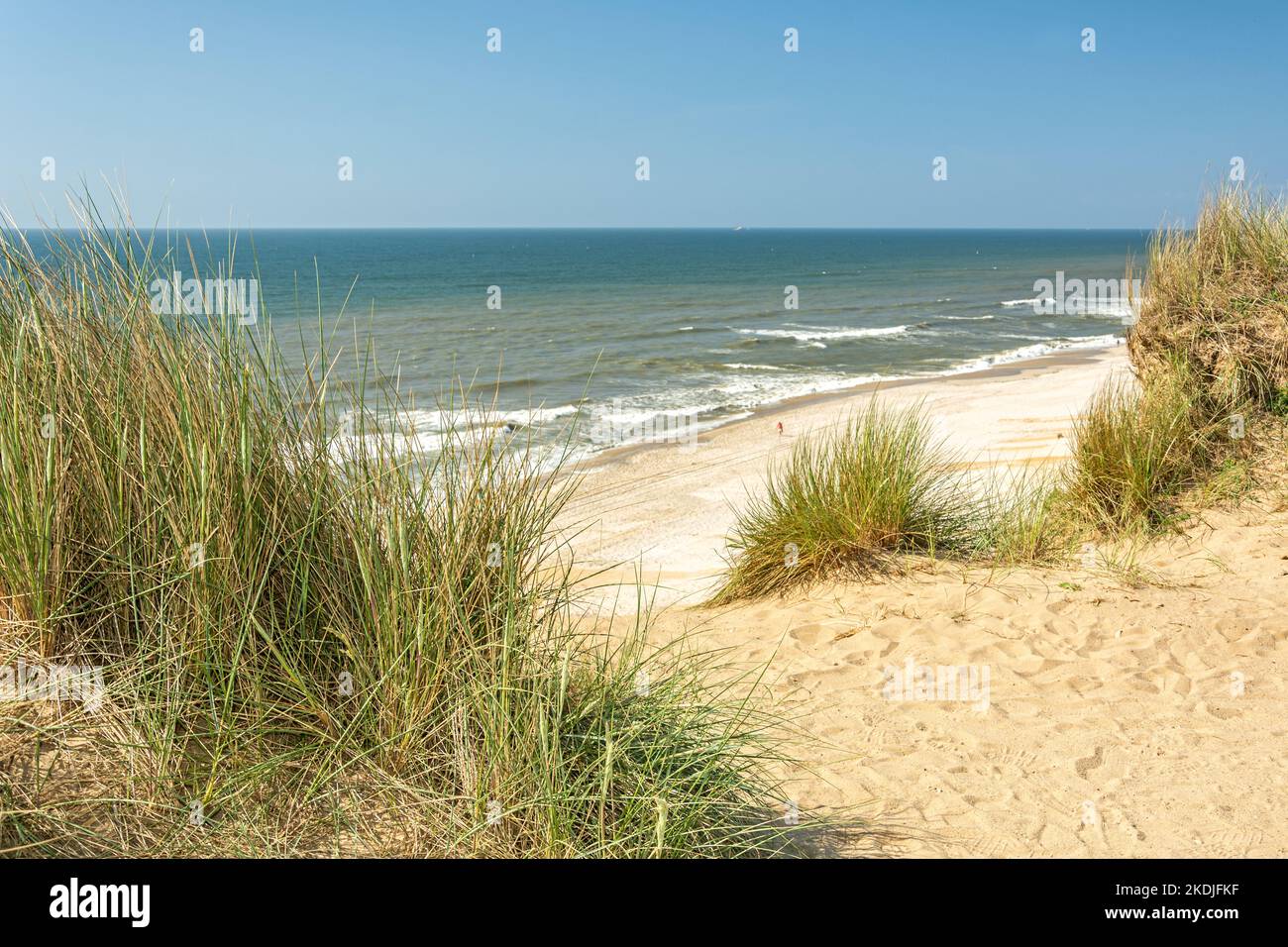 Vista della spiaggia e dell'oceano attraverso le dune dell'isola di Sylt, nella Germania settentrionale Foto Stock